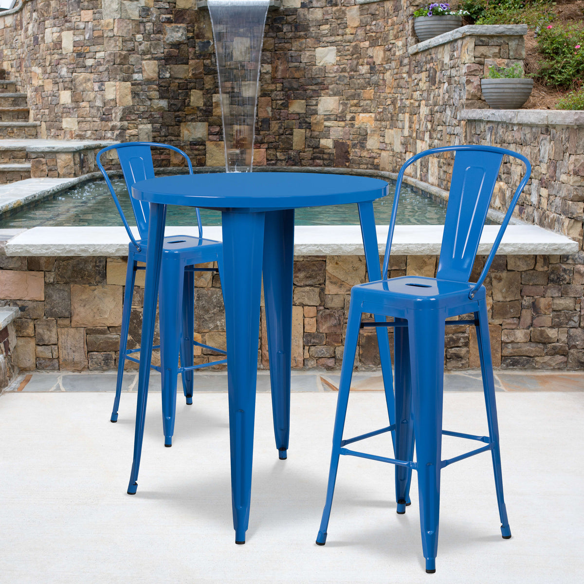 Blue |#| 30" Round Blue Metal Indoor-Outdoor Bar Table Set with 2 Cafe Stools