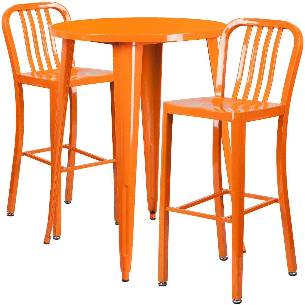 Orange |#| 30" Round Orange Metal Indoor-Outdoor Bar Table Set with 2 Slat Back Stools