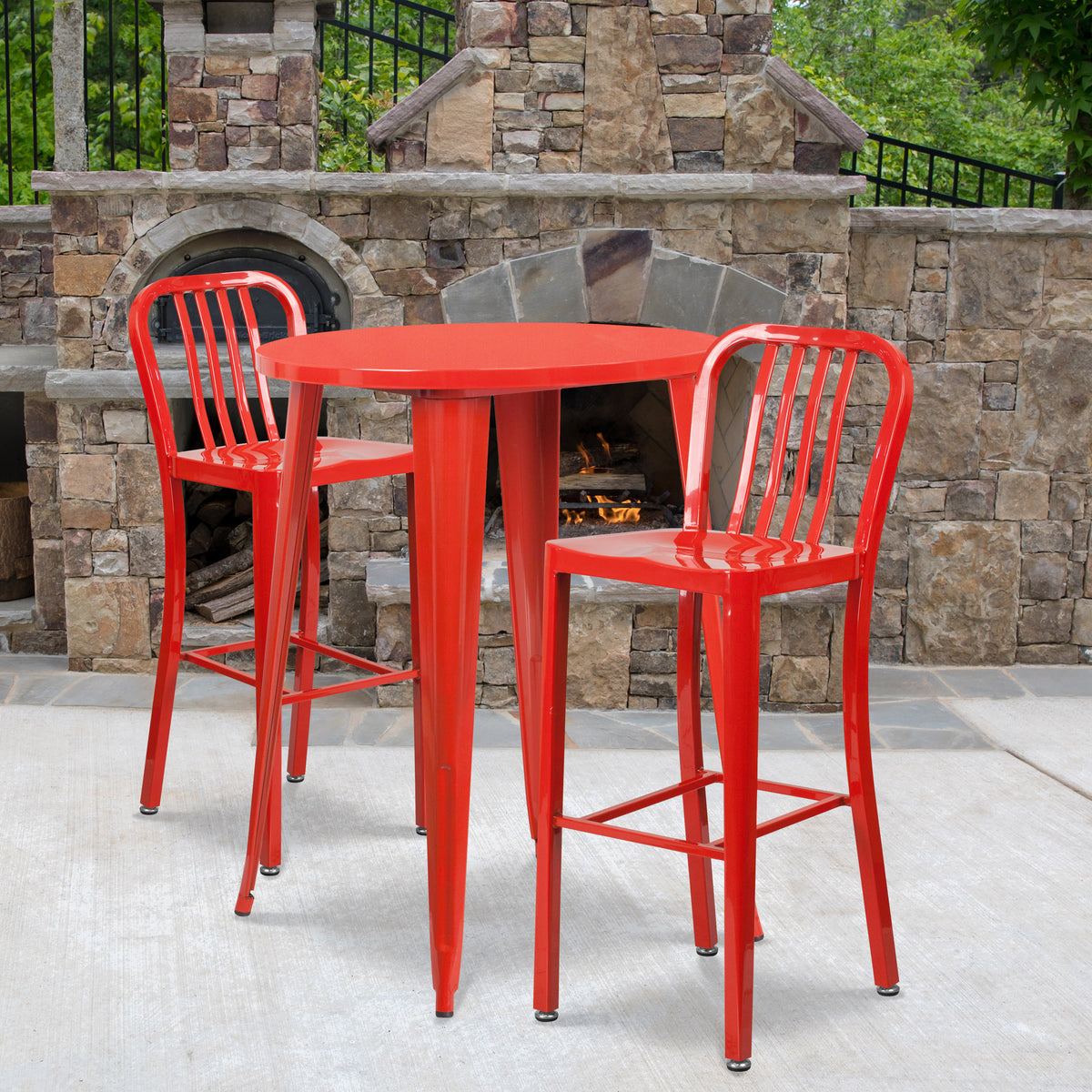 Red |#| 30" Round Red Metal Indoor-Outdoor Bar Table Set with 2 Slat Back Stools