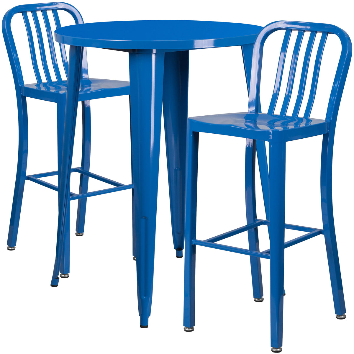 Blue |#| 30" Round Blue Metal Indoor-Outdoor Bar Table Set with 2 Slat Back Stools