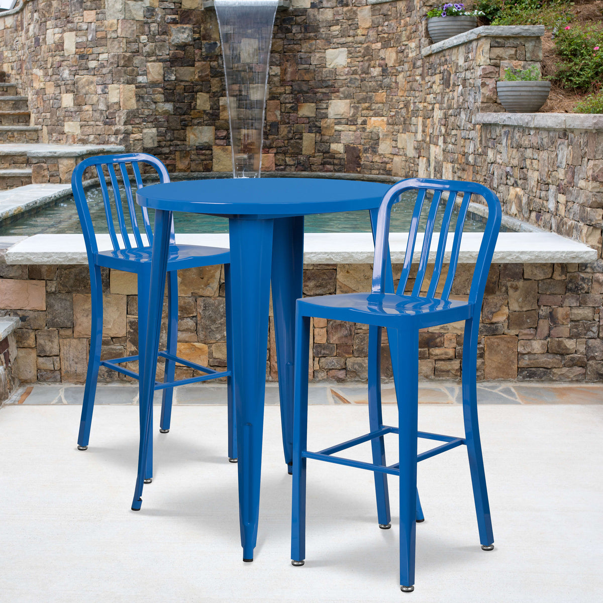 Blue |#| 30" Round Blue Metal Indoor-Outdoor Bar Table Set with 2 Slat Back Stools