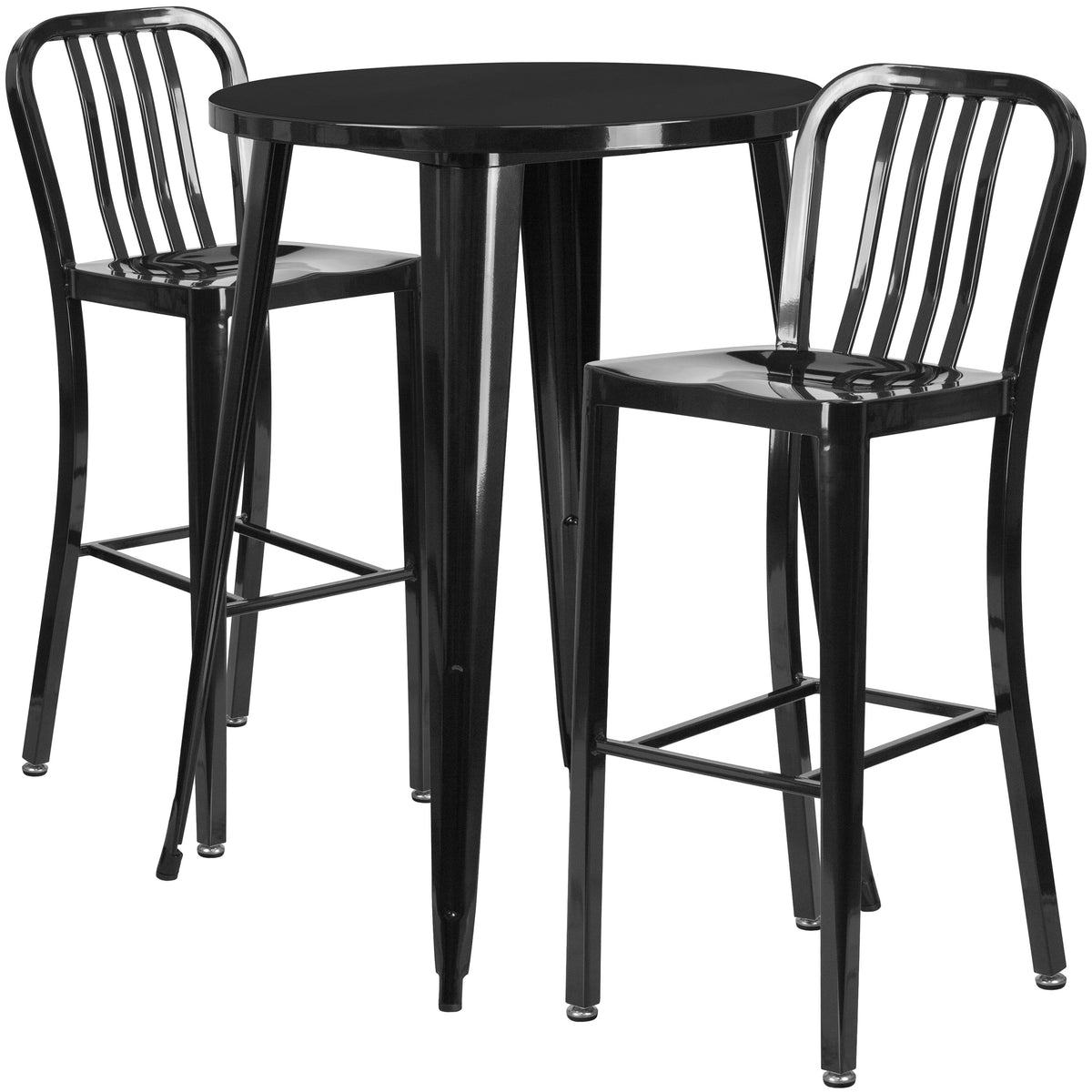 Black |#| 30" Round Black Metal Indoor-Outdoor Bar Table Set with 2 Slat Back Stools