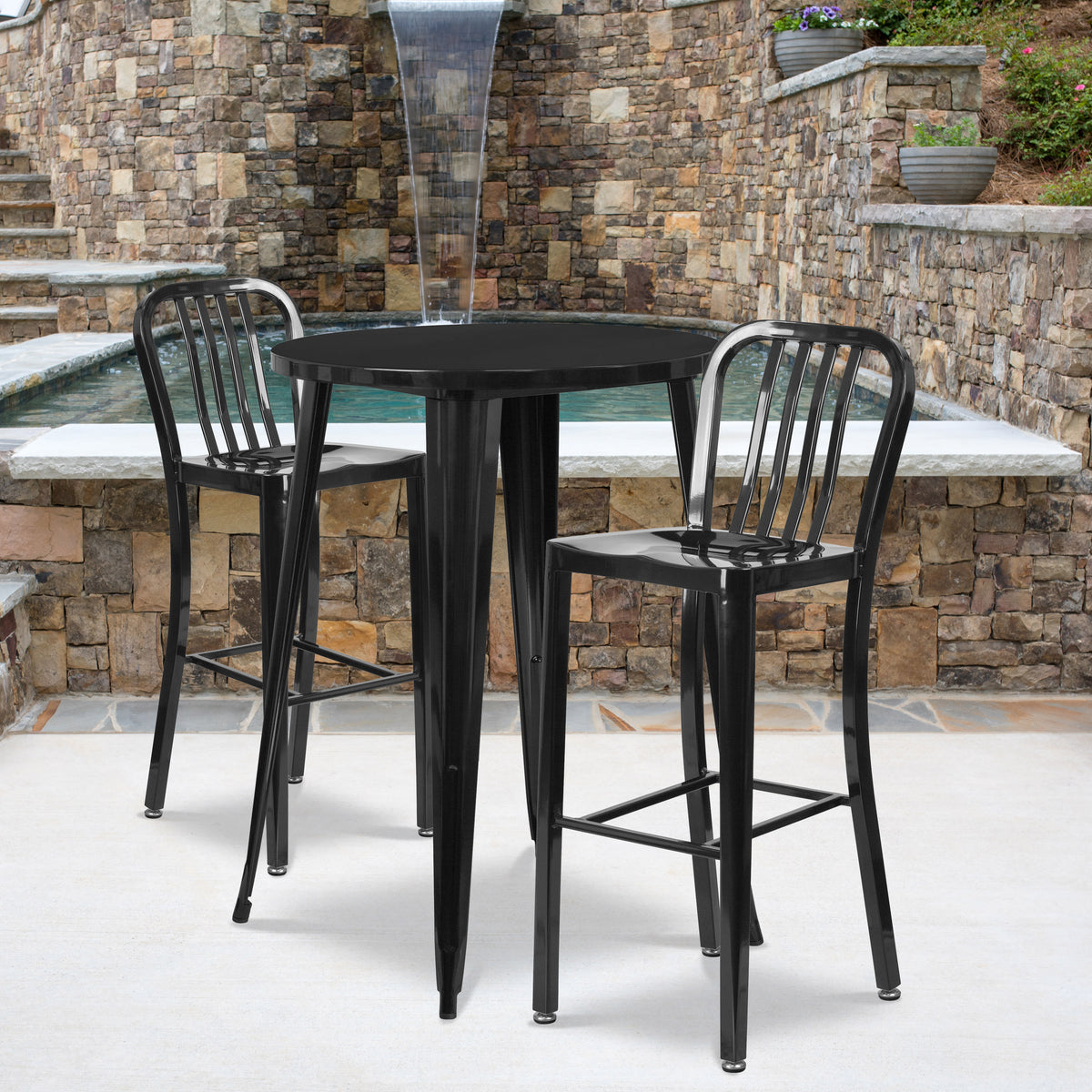 Black |#| 30" Round Black Metal Indoor-Outdoor Bar Table Set with 2 Slat Back Stools