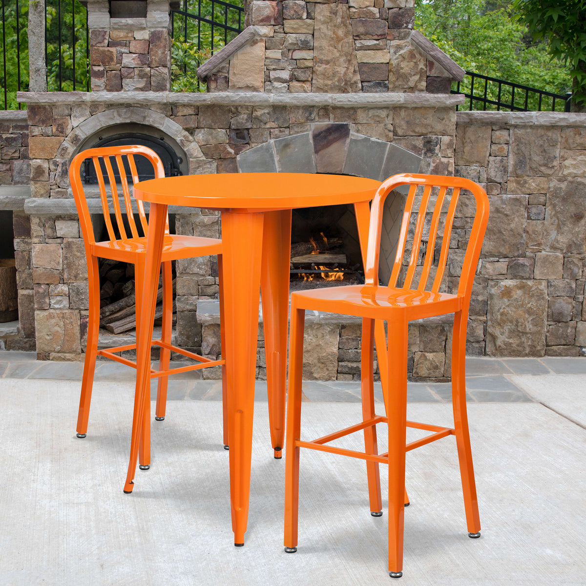 Orange |#| 30" Round Orange Metal Indoor-Outdoor Bar Table Set with 2 Slat Back Stools