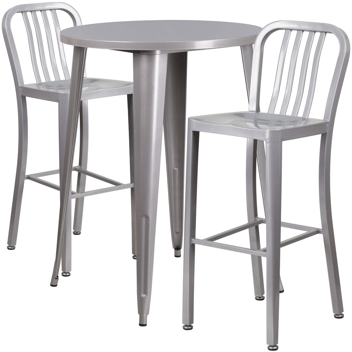 Silver |#| 30" Round Silver Metal Indoor-Outdoor Bar Table Set with 2 Slat Back Stools
