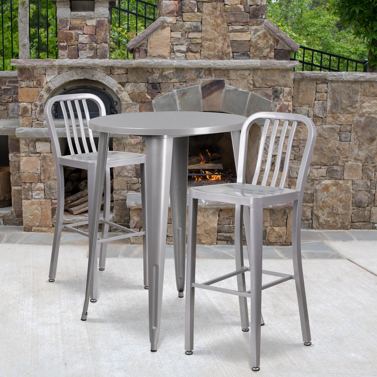 Silver |#| 30" Round Silver Metal Indoor-Outdoor Bar Table Set with 2 Slat Back Stools