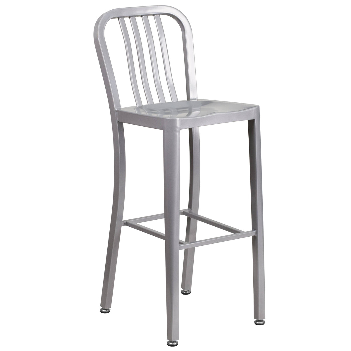 Silver |#| 30" Round Silver Metal Indoor-Outdoor Bar Table Set with 2 Slat Back Stools