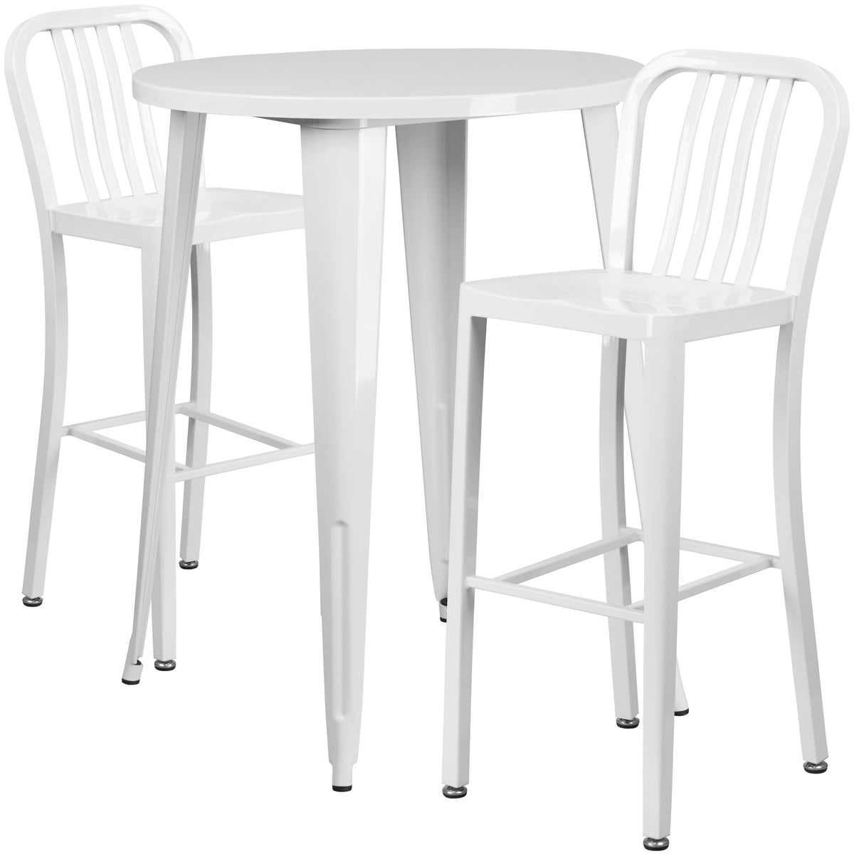 White |#| 30" Round White Metal Indoor-Outdoor Bar Table Set with 2 Slat Back Stools