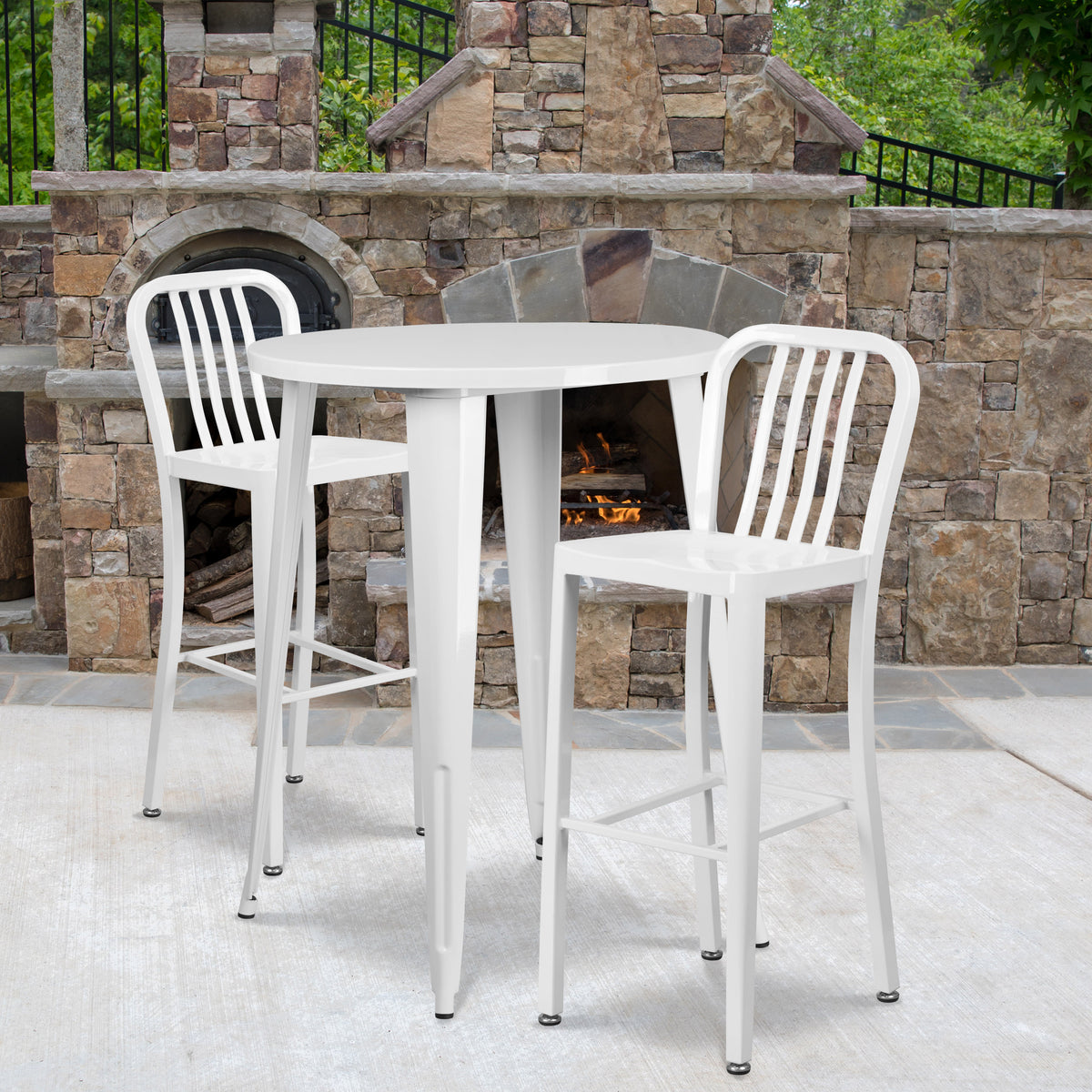 White |#| 30" Round White Metal Indoor-Outdoor Bar Table Set with 2 Slat Back Stools
