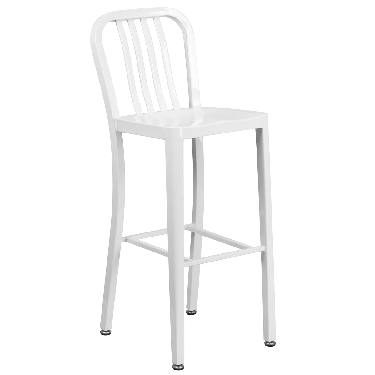 White |#| 30" Round White Metal Indoor-Outdoor Bar Table Set with 2 Slat Back Stools