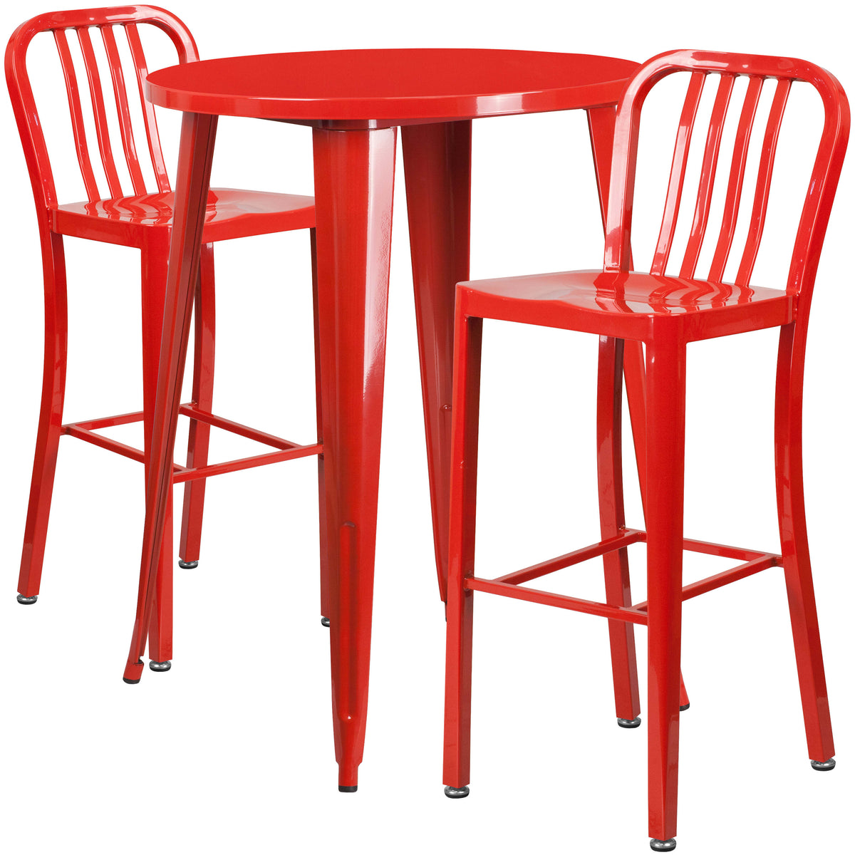 Red |#| 30" Round Red Metal Indoor-Outdoor Bar Table Set with 2 Slat Back Stools