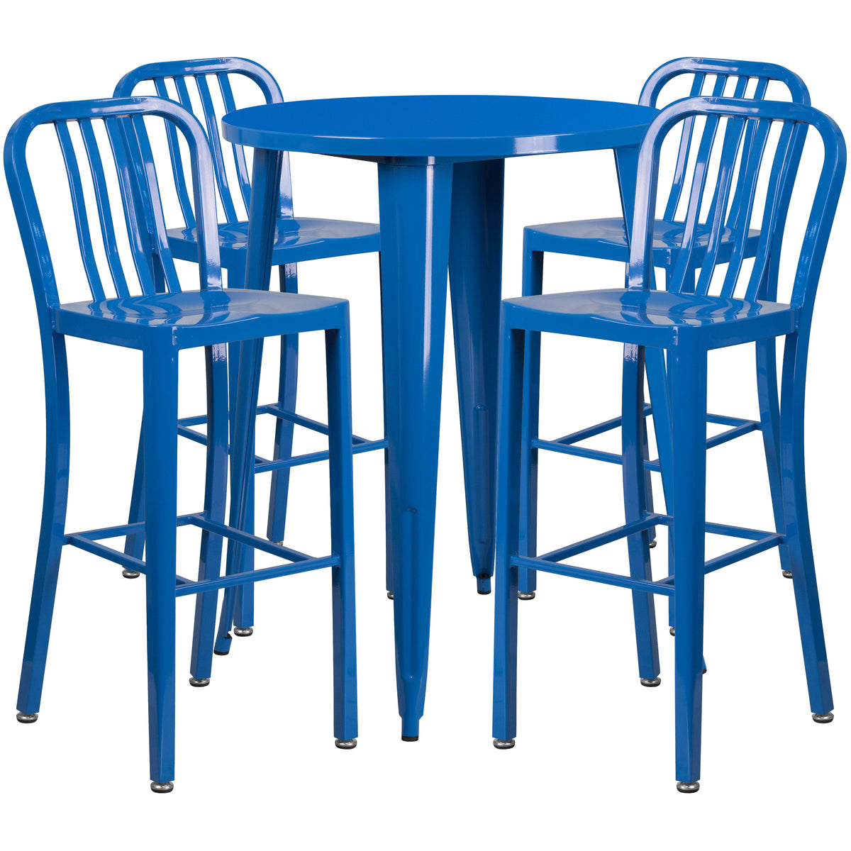 Blue |#| 30" Round Blue Metal Indoor-Outdoor Bar Table Set with 4 Slat Back Stools
