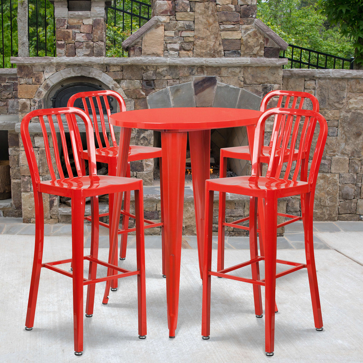 Red |#| 30" Round Red Metal Indoor-Outdoor Bar Table Set with 4 Slat Back Stools