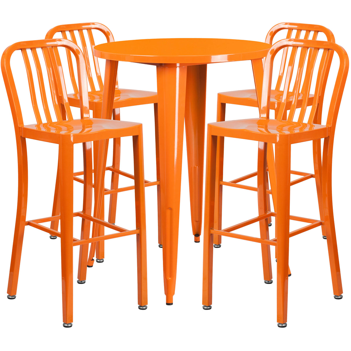 Orange |#| 30" Round Orange Metal Indoor-Outdoor Bar Table Set with 4 Slat Back Stools
