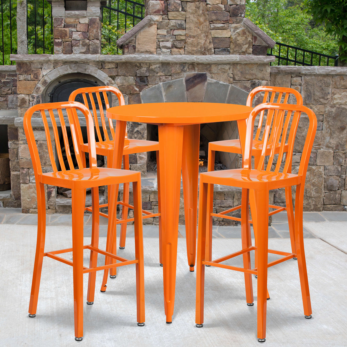 Orange |#| 30" Round Orange Metal Indoor-Outdoor Bar Table Set with 4 Slat Back Stools