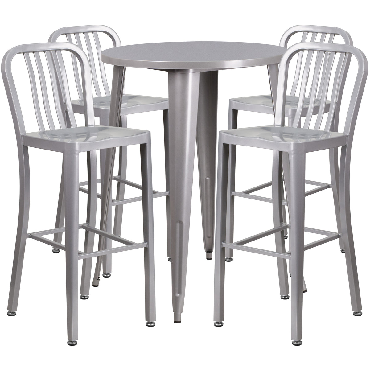 Silver |#| 30" Round Silver Metal Indoor-Outdoor Bar Table Set with 4 Slat Back Stools
