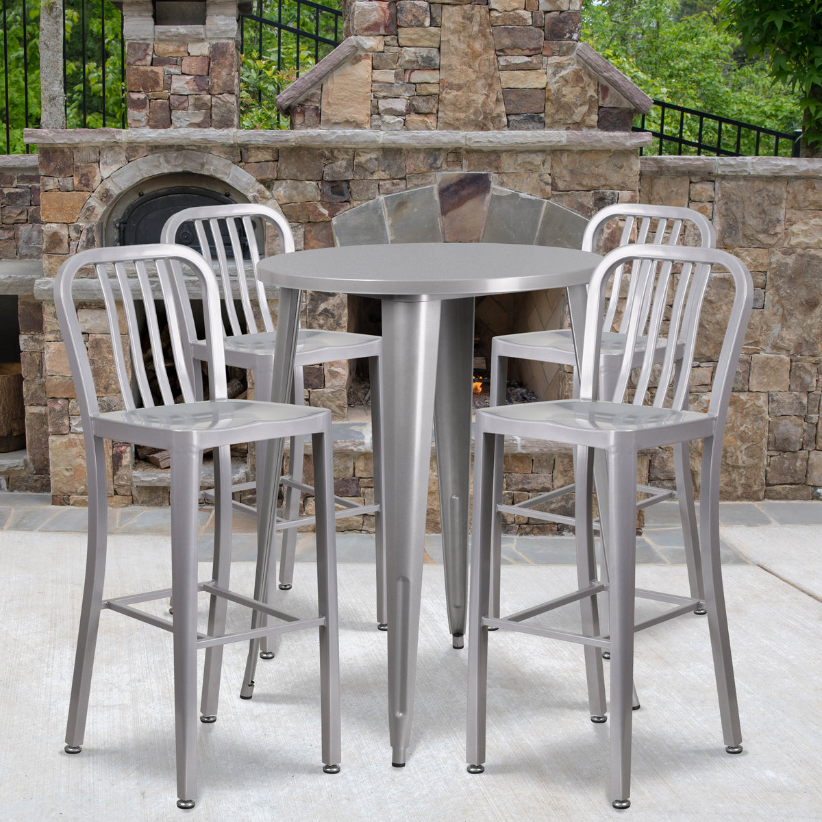 Silver |#| 30" Round Silver Metal Indoor-Outdoor Bar Table Set with 4 Slat Back Stools