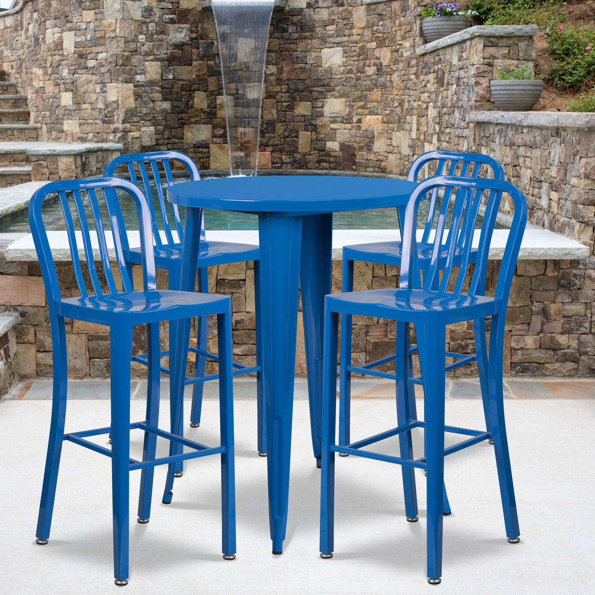 Blue |#| 30" Round Blue Metal Indoor-Outdoor Bar Table Set with 4 Slat Back Stools