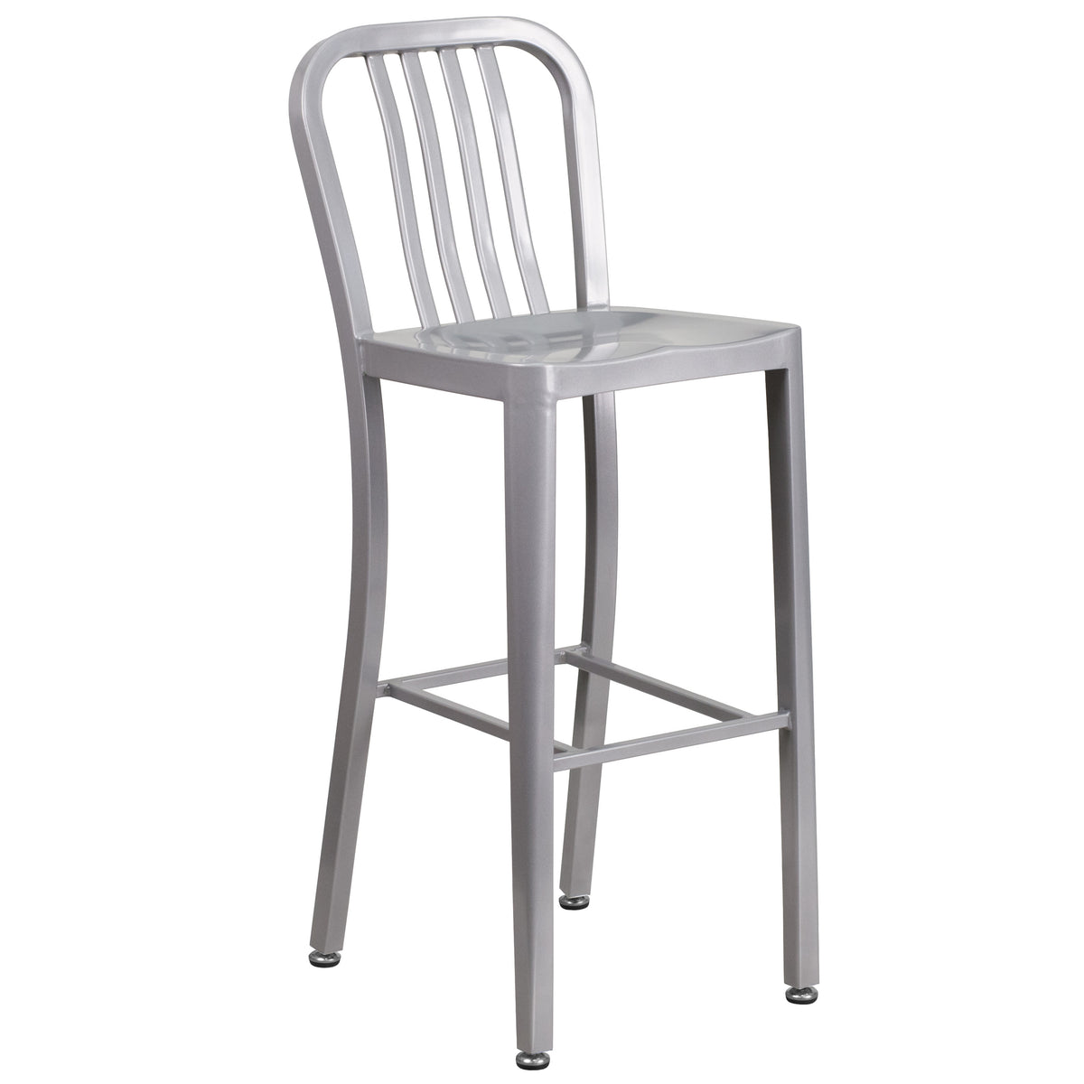 Silver |#| 30" Round Silver Metal Indoor-Outdoor Bar Table Set with 4 Slat Back Stools