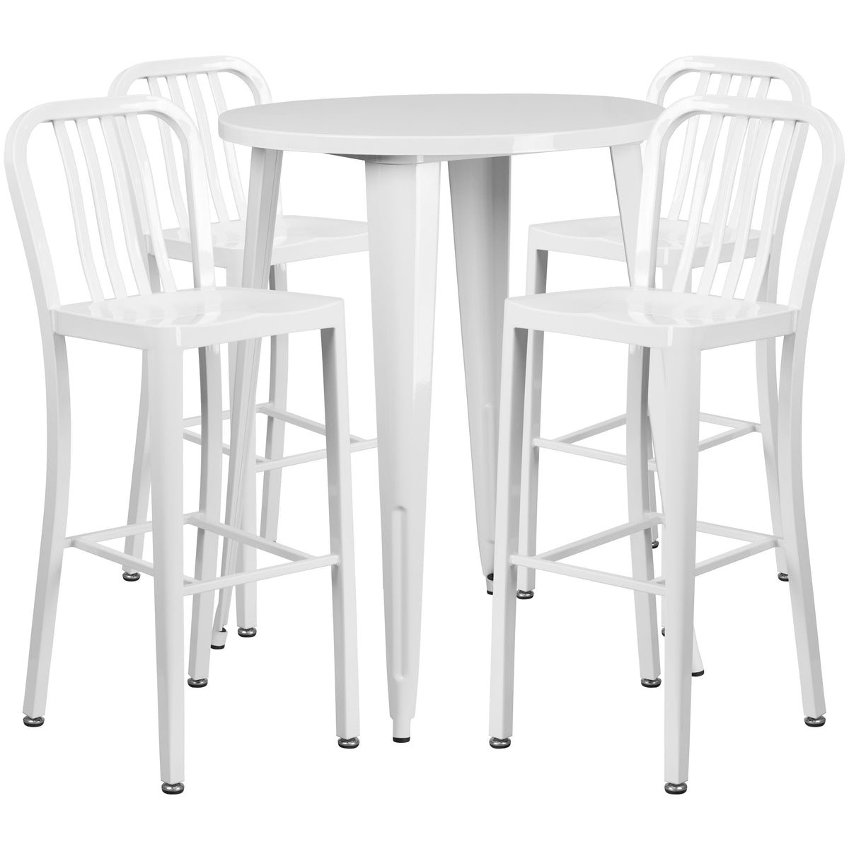 White |#| 30" Round White Metal Indoor-Outdoor Bar Table Set with 4 Slat Back Stools