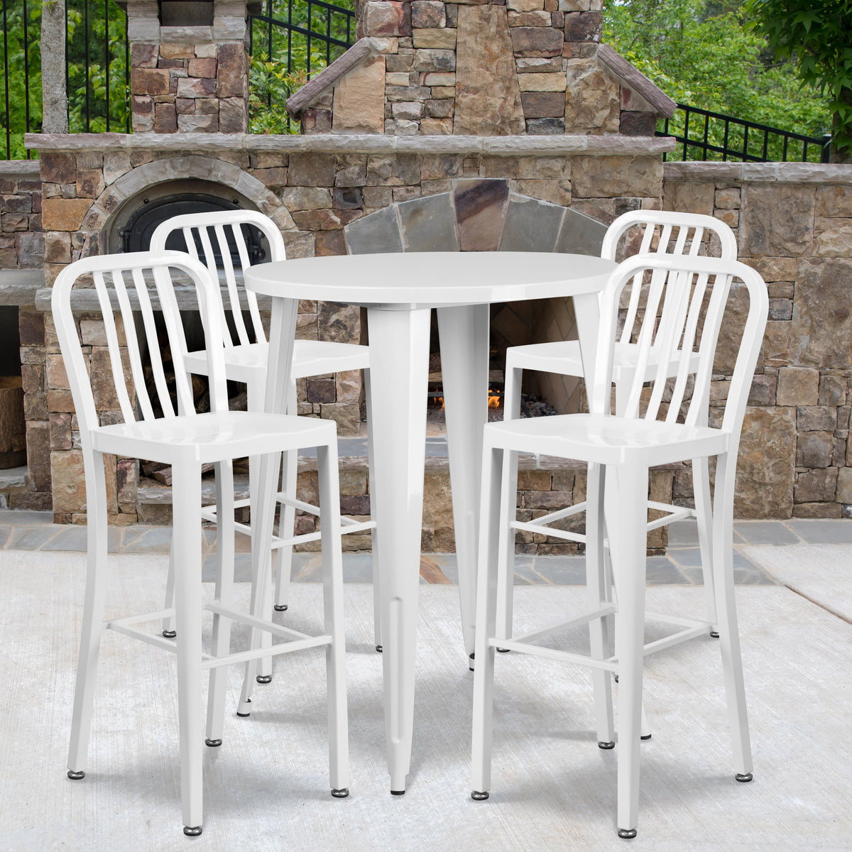 White |#| 30" Round White Metal Indoor-Outdoor Bar Table Set with 4 Slat Back Stools