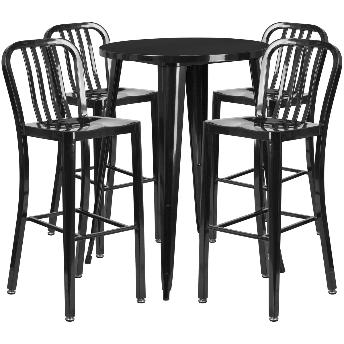 Black |#| 30" Round Black Metal Indoor-Outdoor Bar Table Set with 4 Slat Back Stools