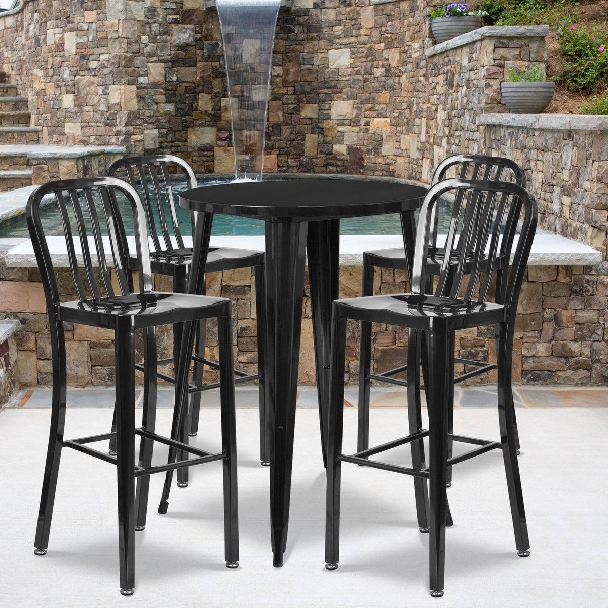 Black |#| 30" Round Black Metal Indoor-Outdoor Bar Table Set with 4 Slat Back Stools