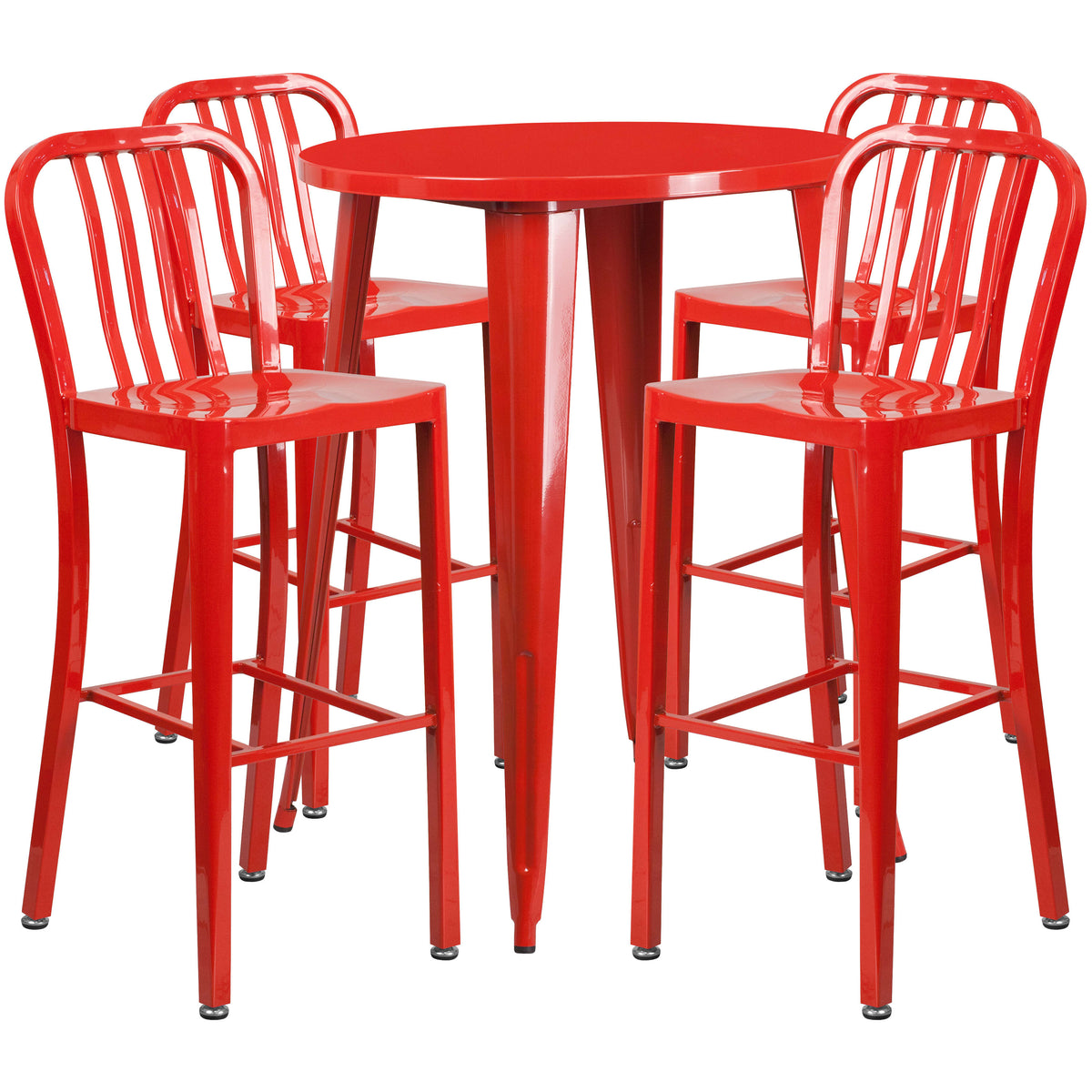 Red |#| 30" Round Red Metal Indoor-Outdoor Bar Table Set with 4 Slat Back Stools