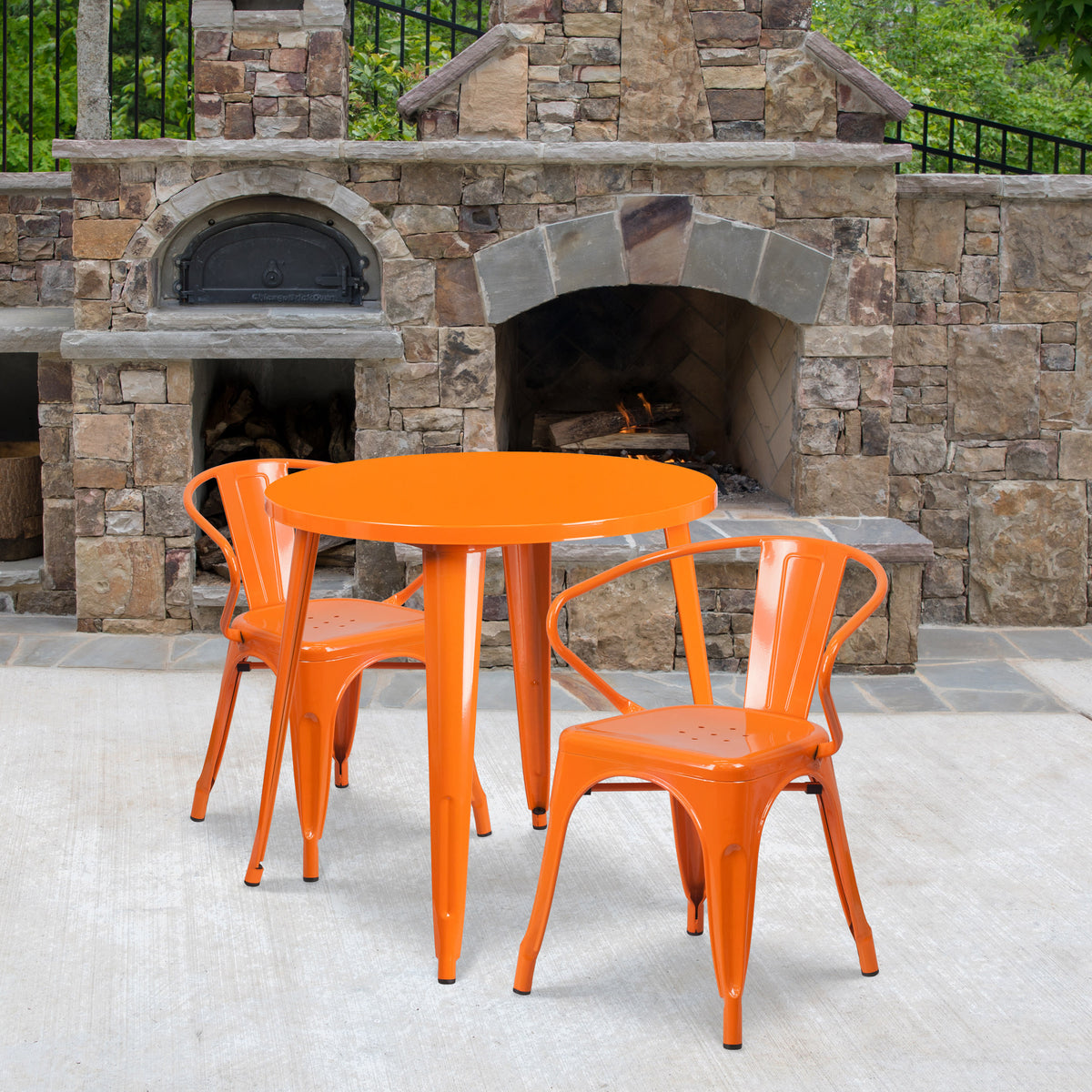 Orange |#| 30" Round Orange Metal Indoor-Outdoor Table Set with 2 Arm Chairs