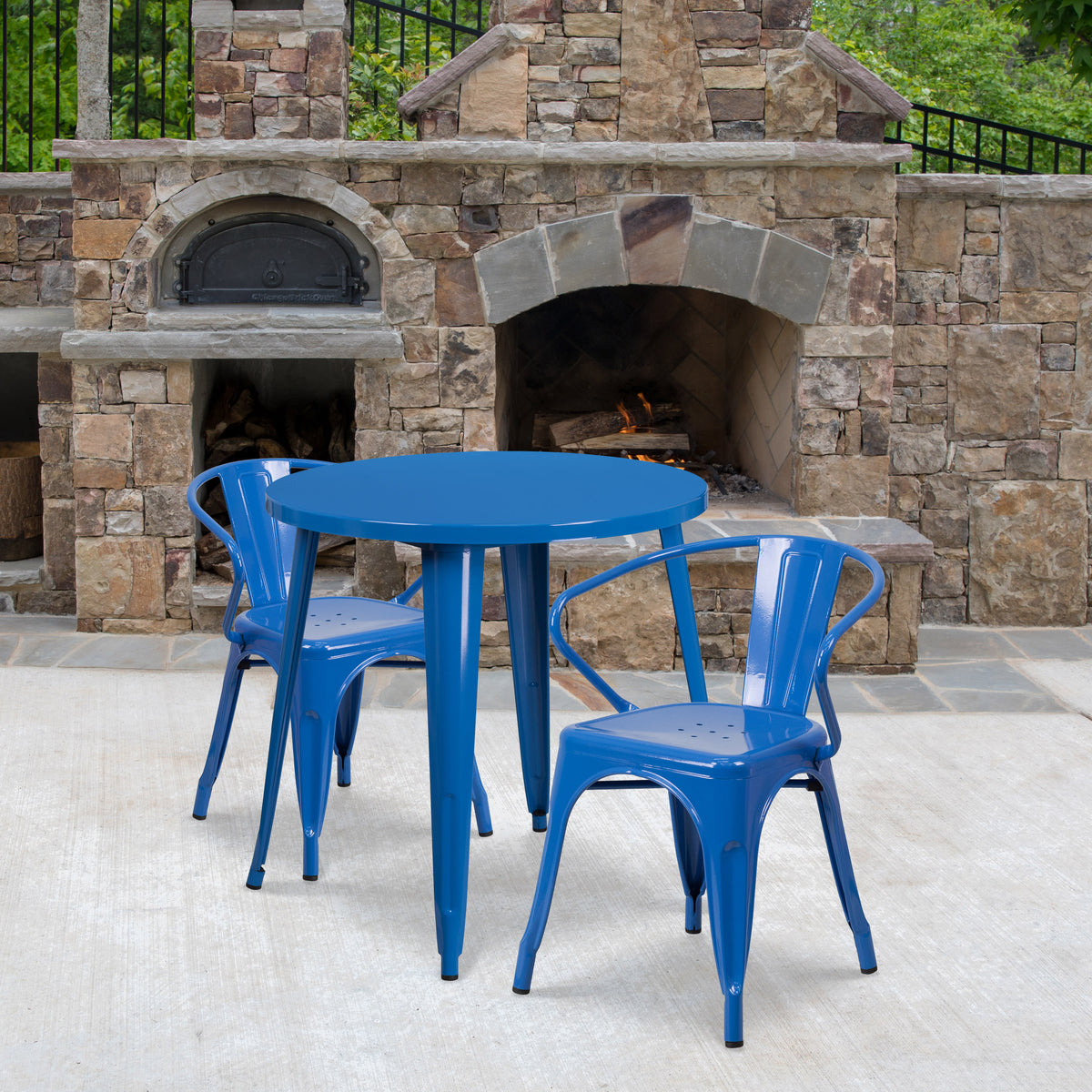 Blue |#| 30" Round Blue Metal Indoor-Outdoor Table Set with 2 Arm Chairs
