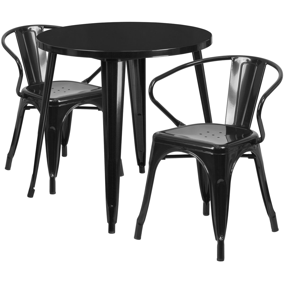 Black |#| 30" Round Black Metal Indoor-Outdoor Table Set with 2 Arm Chairs