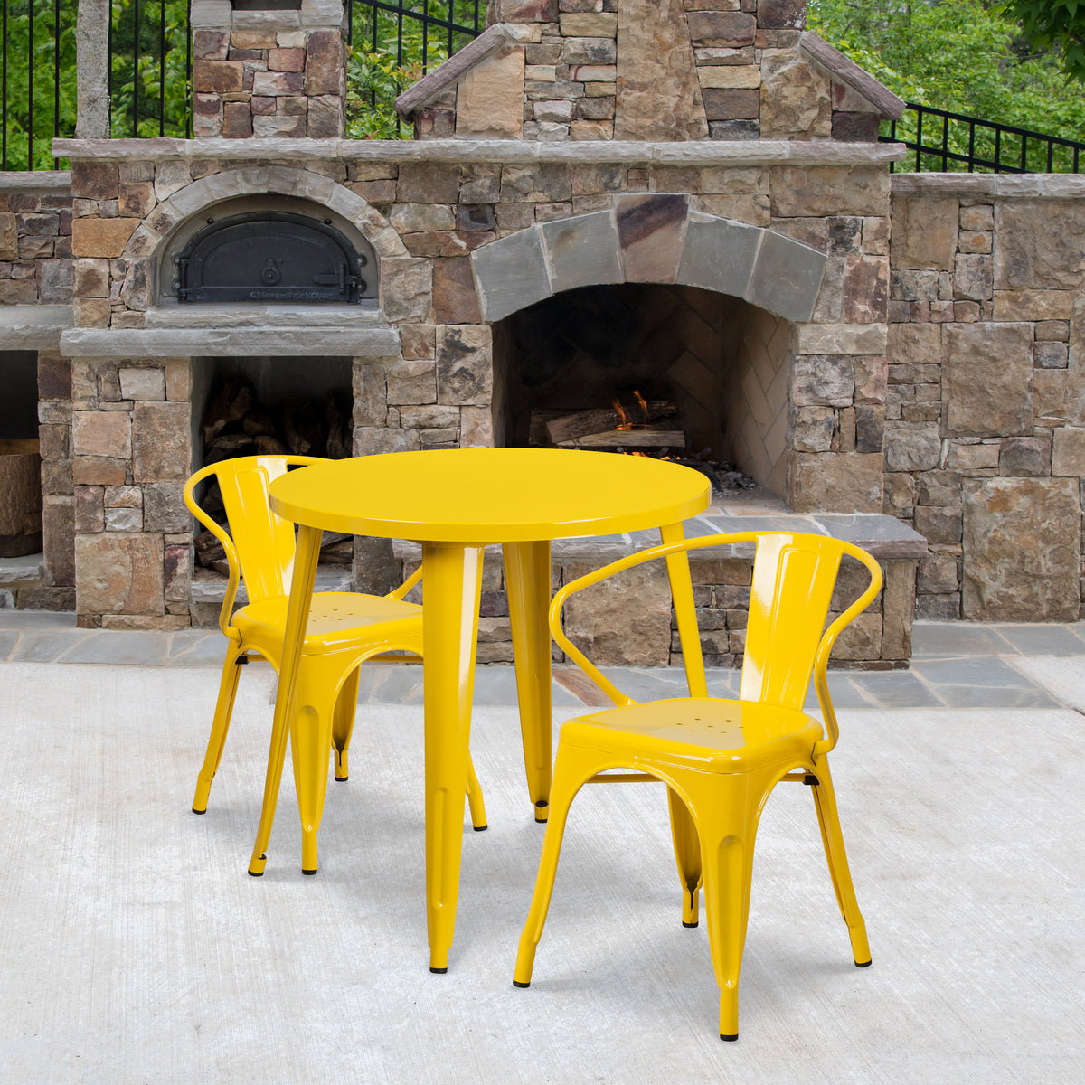 Yellow |#| 30" Round Yellow Metal Indoor-Outdoor Table Set with 2 Arm Chairs