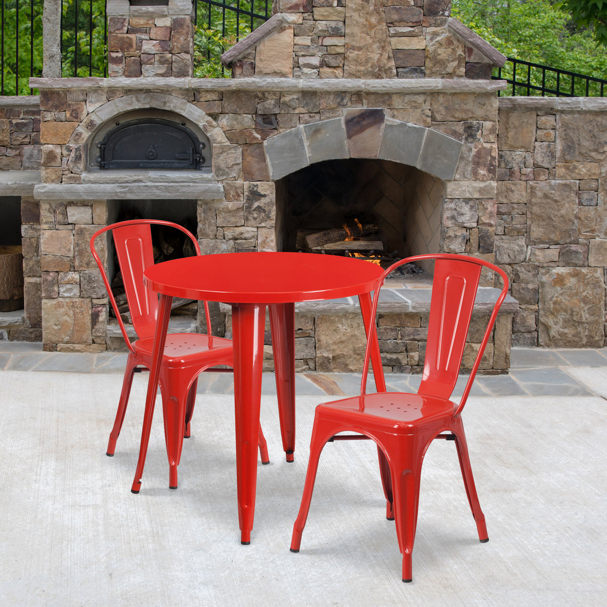 Red |#| 30" Round Red Metal Indoor-Outdoor Table Set with 2 Cafe Chairs