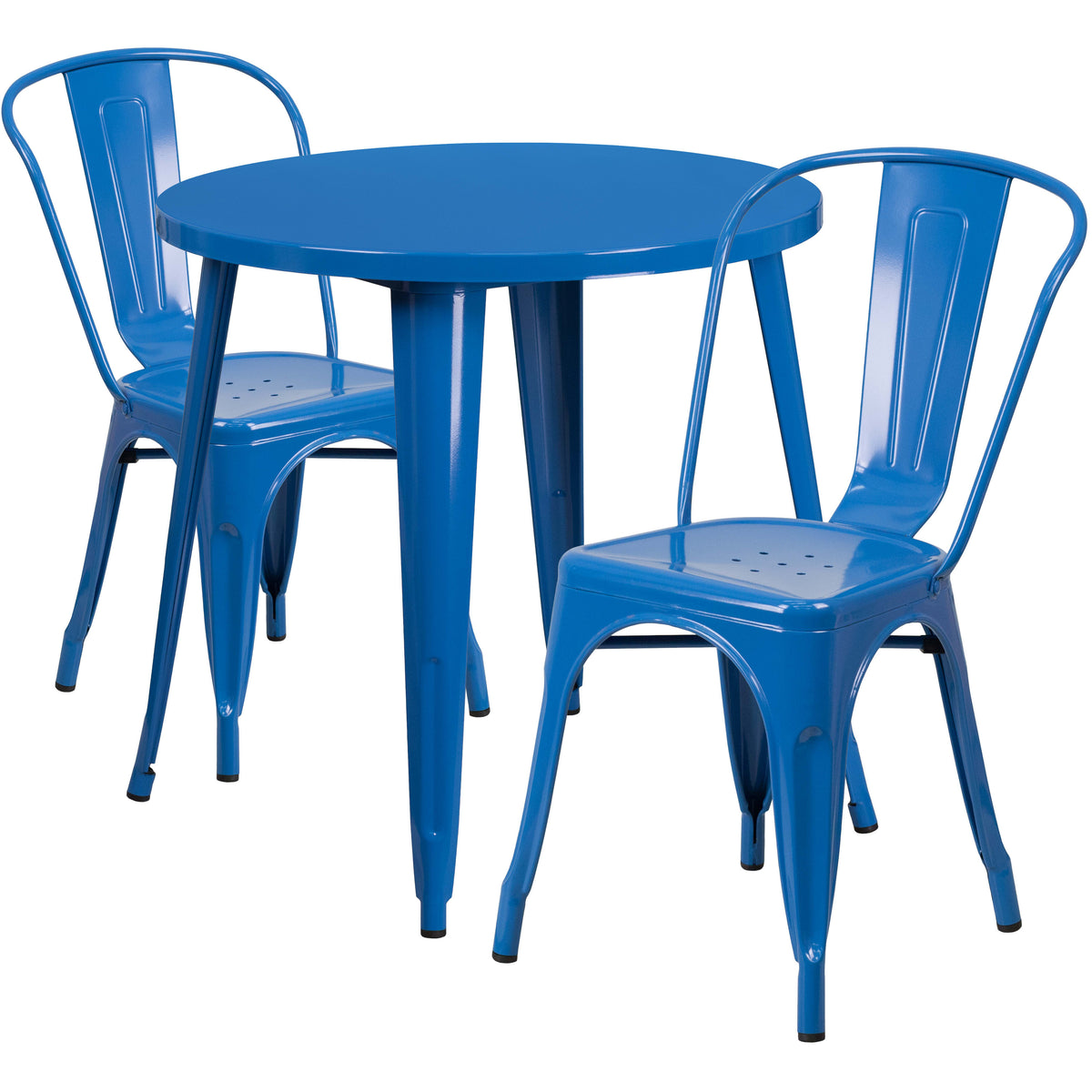 Blue |#| 30" Round Blue Metal Indoor-Outdoor Table Set with 2 Cafe Chairs