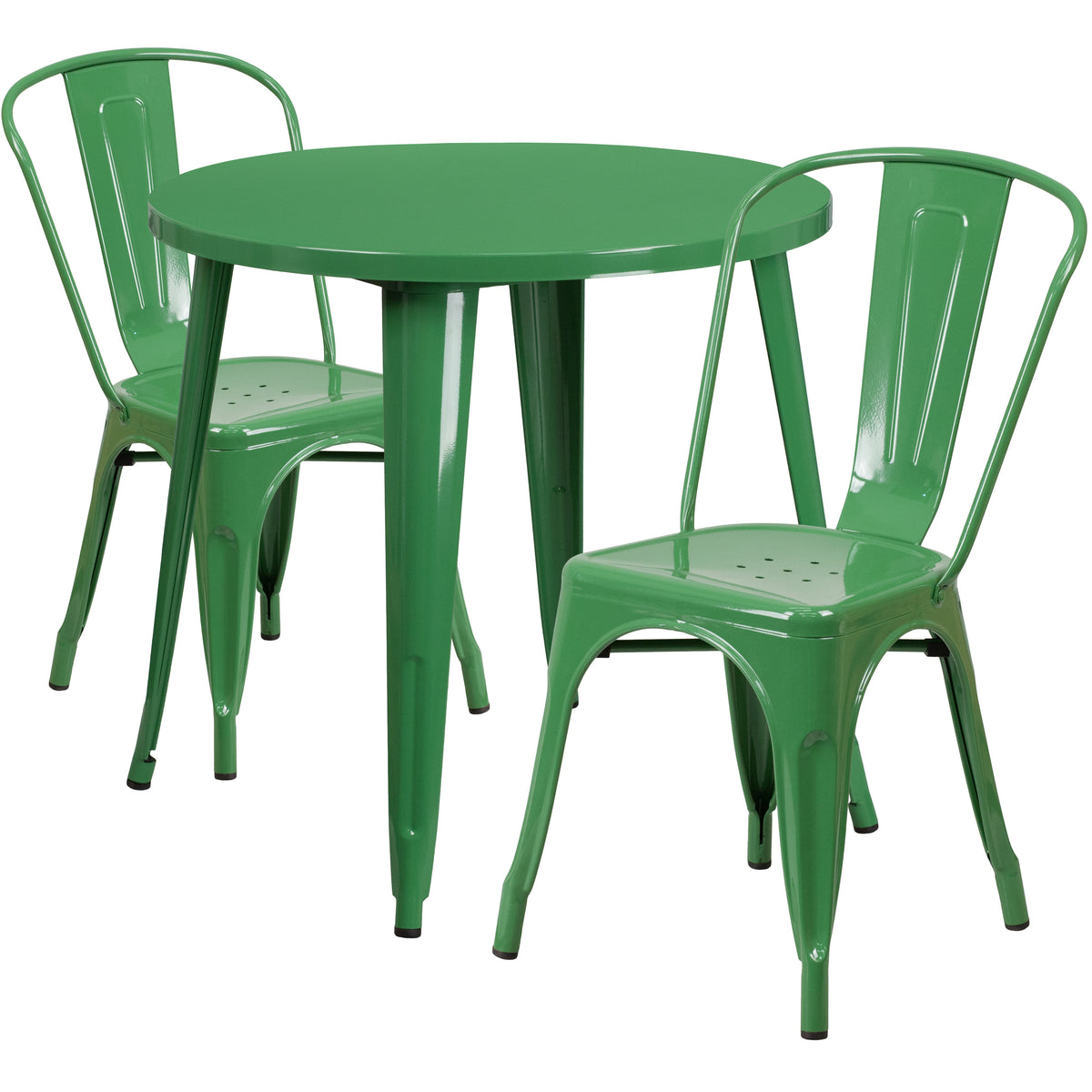 Green |#| 30" Round Green Metal Indoor-Outdoor Table Set with 2 Cafe Chairs