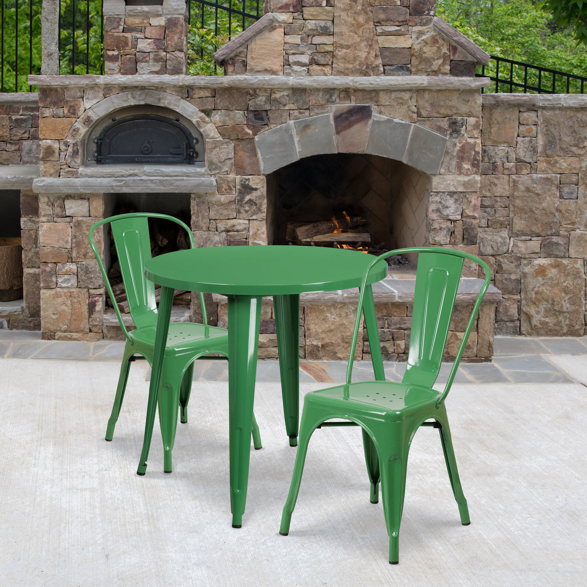 Green |#| 30" Round Green Metal Indoor-Outdoor Table Set with 2 Cafe Chairs
