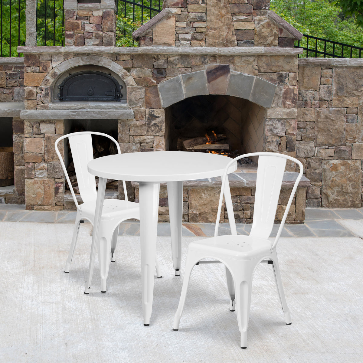 White |#| 30" Round White Metal Indoor-Outdoor Table Set with 2 Cafe Chairs