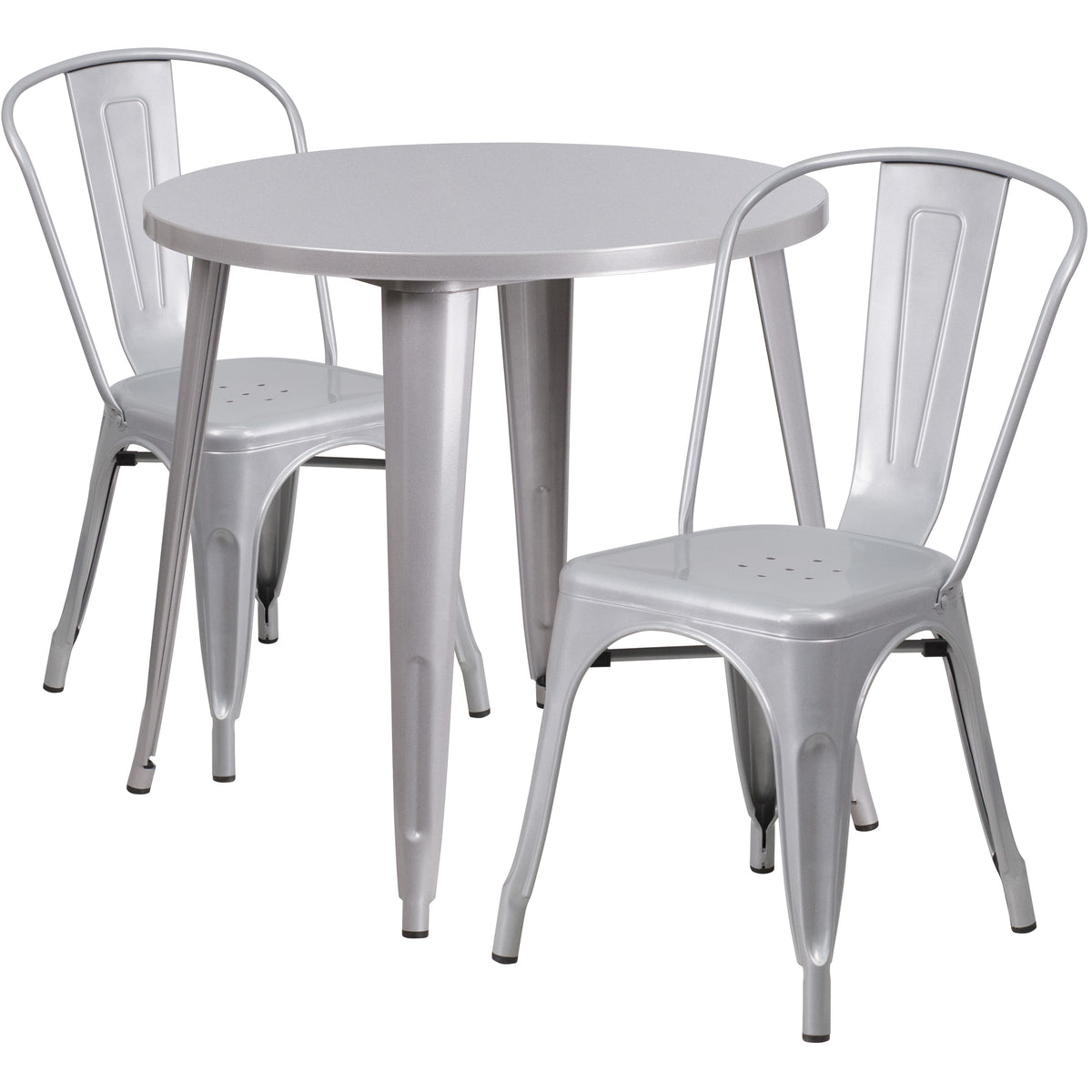 Silver |#| 30" Round Silver Metal Indoor-Outdoor Table Set with 2 Cafe Chairs