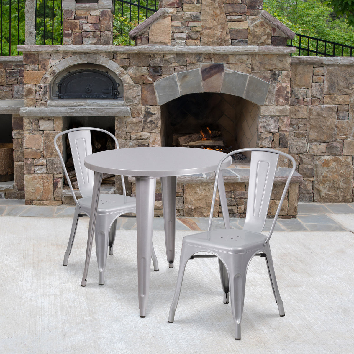 Silver |#| 30" Round Silver Metal Indoor-Outdoor Table Set with 2 Cafe Chairs