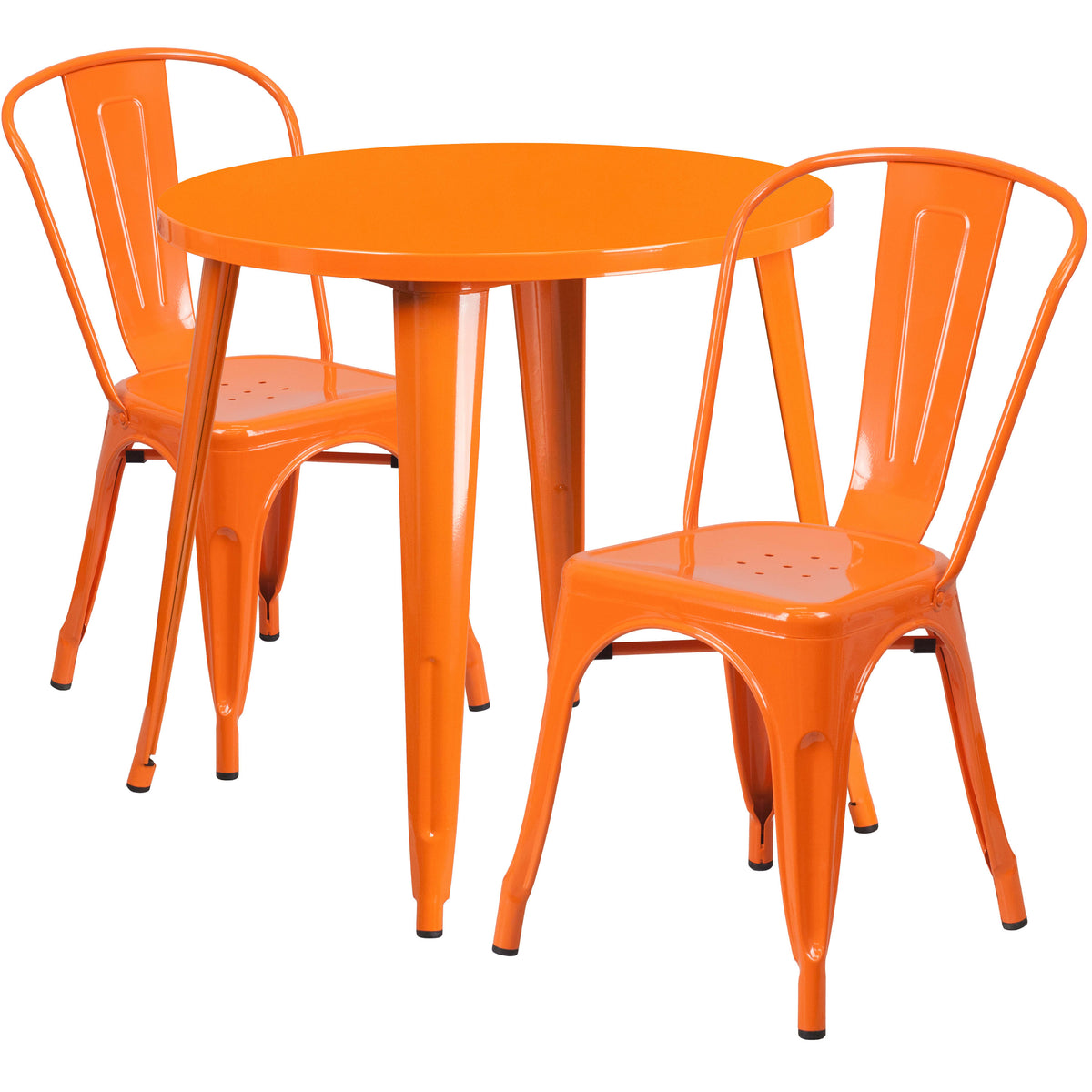 Orange |#| 30" Round Orange Metal Indoor-Outdoor Table Set with 2 Cafe Chairs