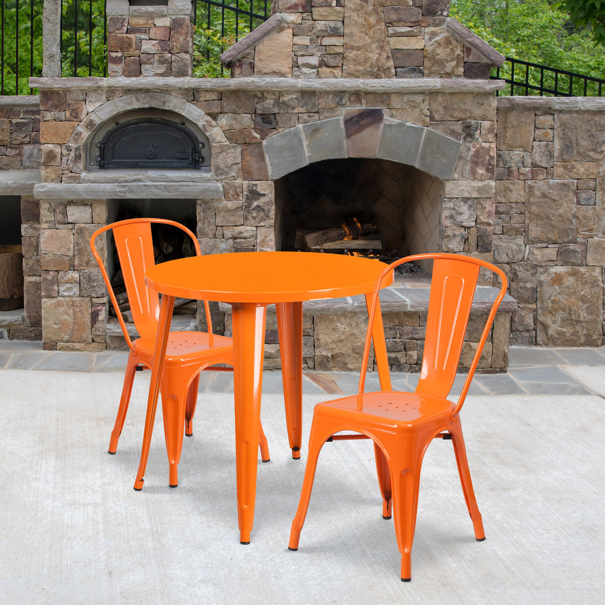 Orange |#| 30" Round Orange Metal Indoor-Outdoor Table Set with 2 Cafe Chairs