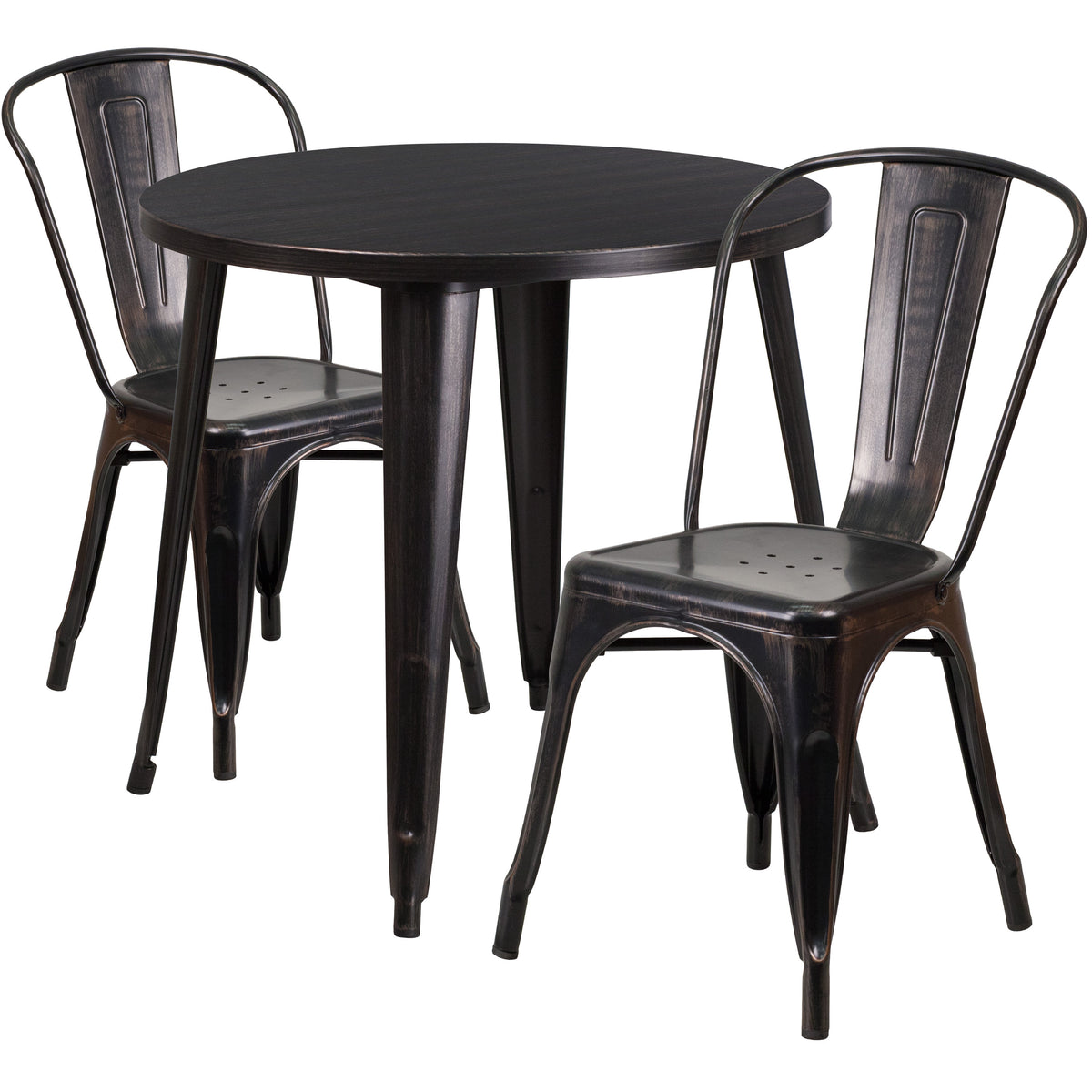 Black-Antique Gold |#| 30" Round Black-Antique Gold Metal Indoor-Outdoor Table Set with 2 Cafe Chairs