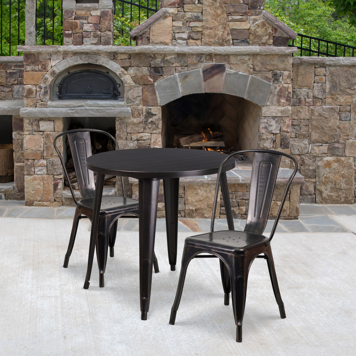 Black-Antique Gold |#| 30" Round Black-Antique Gold Metal Indoor-Outdoor Table Set with 2 Cafe Chairs