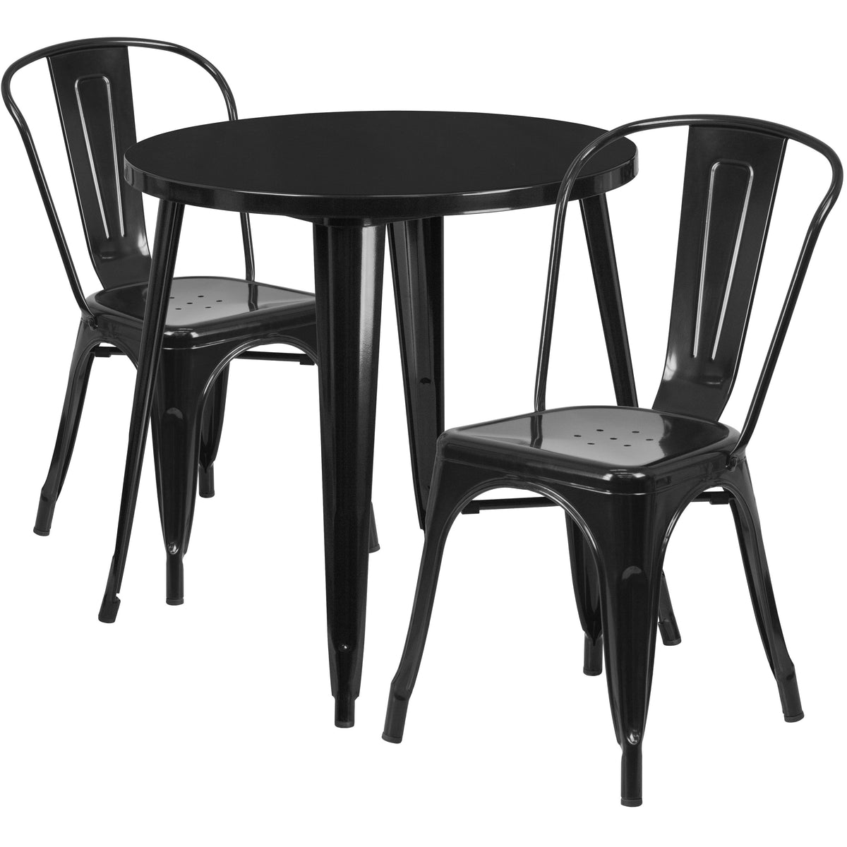 Black |#| 30" Round Black Metal Indoor-Outdoor Table Set with 2 Cafe Chairs
