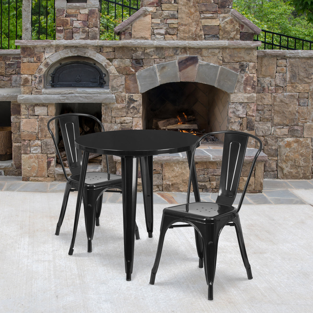 Black |#| 30" Round Black Metal Indoor-Outdoor Table Set with 2 Cafe Chairs