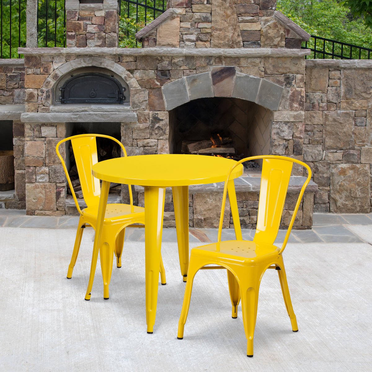 Yellow |#| 30" Round Yellow Metal Indoor-Outdoor Table Set with 2 Cafe Chairs