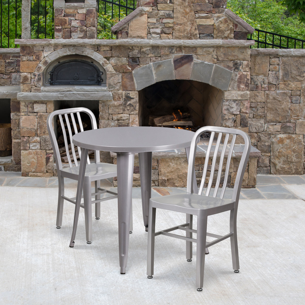 Silver |#| 30" Round Silver Metal Indoor-Outdoor Table Set with 2 Vertical Slat Back Chairs