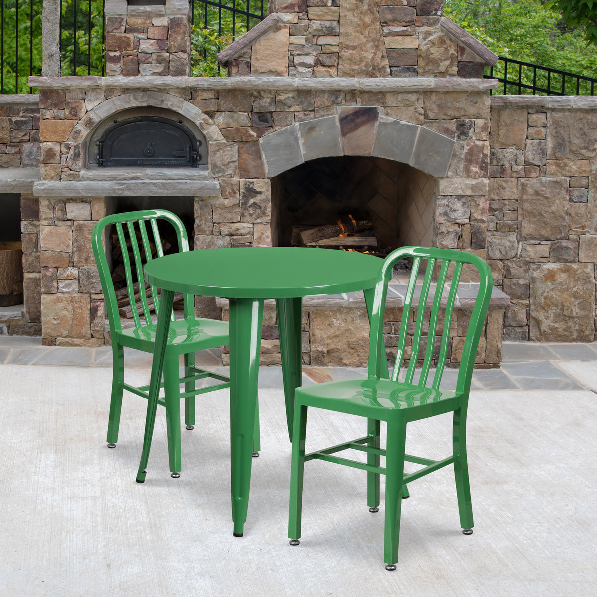 Green |#| 30" Round Green Metal Indoor-Outdoor Table Set with 2 Vertical Slat Back Chairs