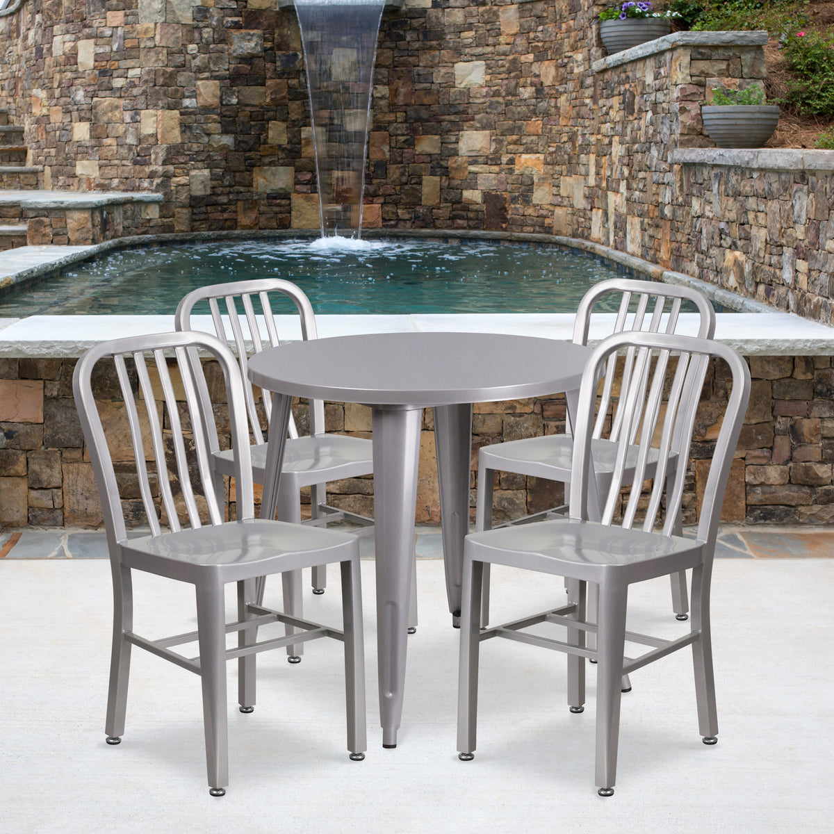Silver |#| 30" Round Silver Metal Indoor-Outdoor Table Set with 4 Vertical Slat Back Chairs