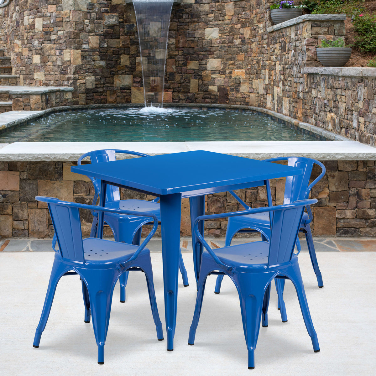 Blue |#| 31.5" Square Blue Metal Indoor-Outdoor Table Set with 4 Arm Chairs